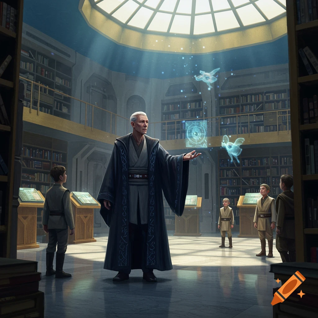 An older man in Jedi robes with white hair teaches younglings in a large, futuristic library with glowing blue holograms.