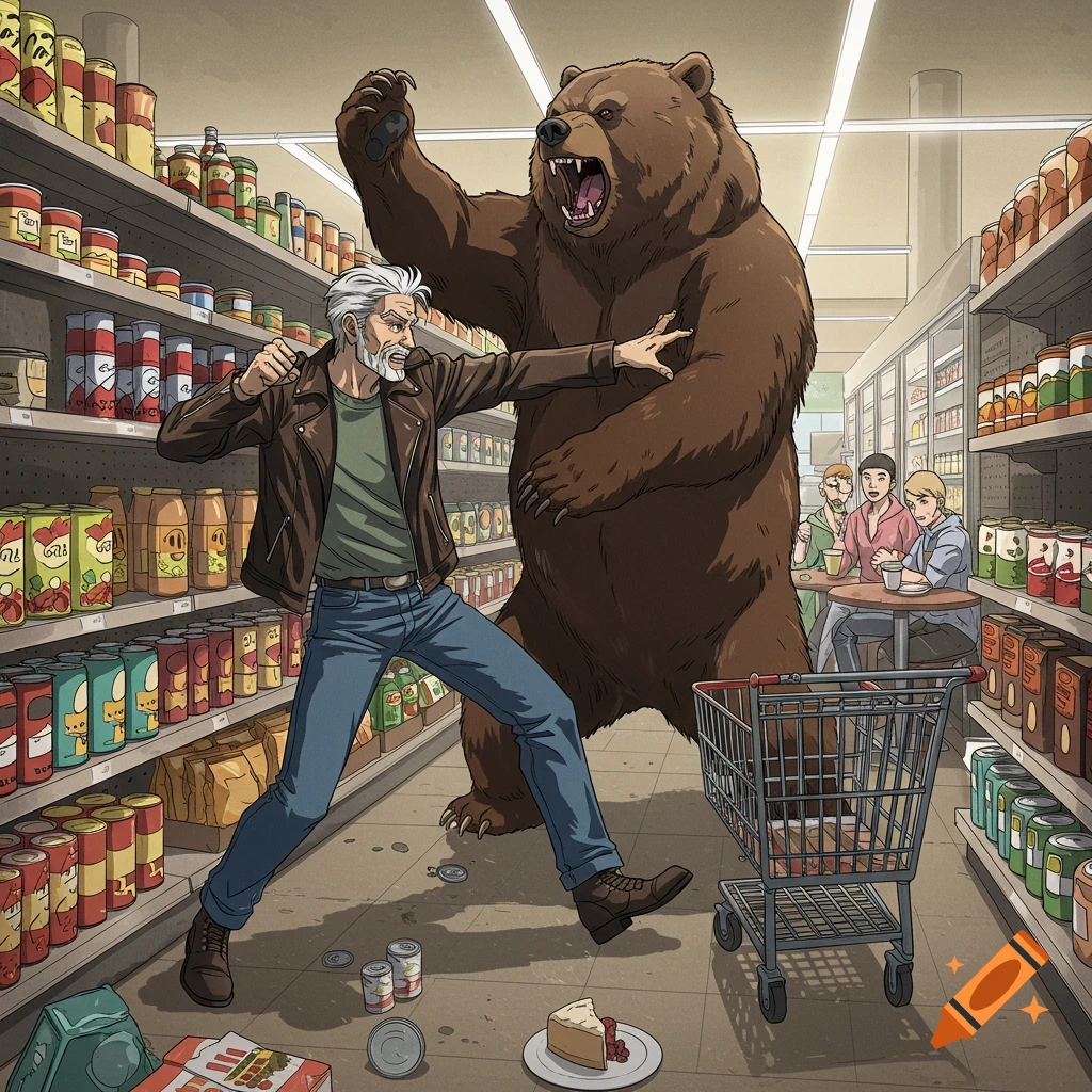 An older man in anime style fights a large brown bear in a grocery store aisle, while three people at a nearby table drink coffee and eat cake.