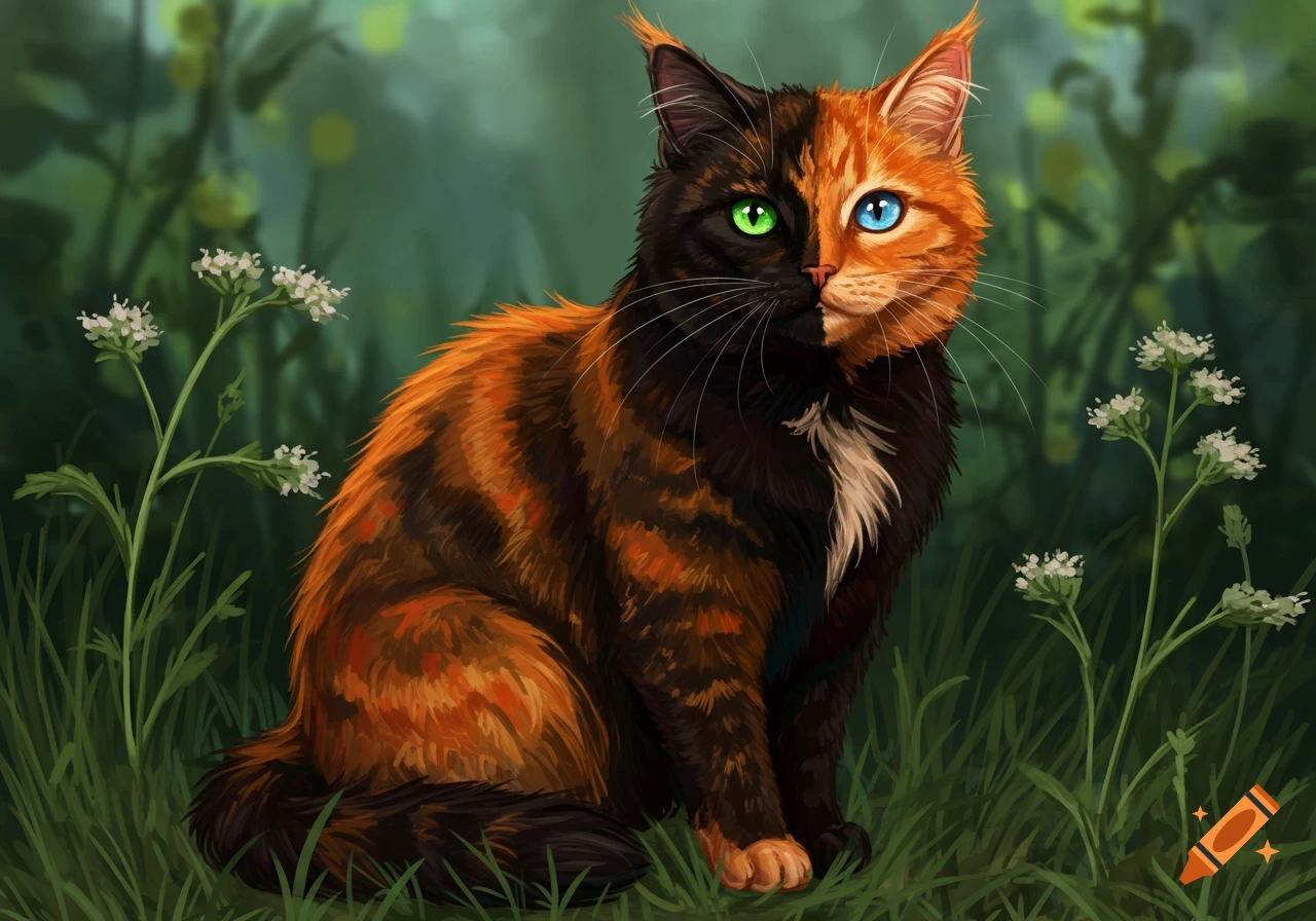Digital illustration of a chimera cat, half black and half orange with one green and one blue eye, sitting in grass.