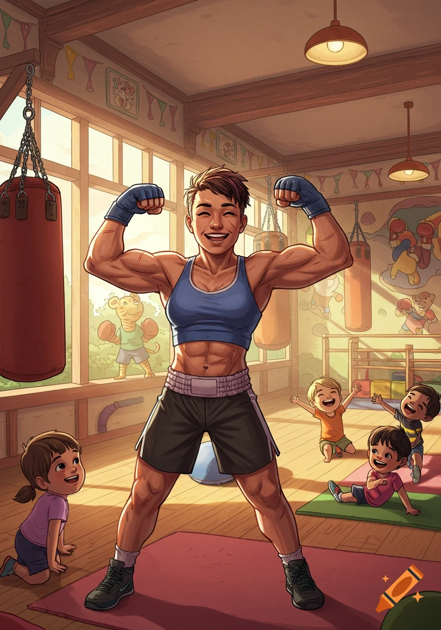 A muscular woman with short hair flexes her biceps in a colorful gym as happy children watch. Children's book illustration.