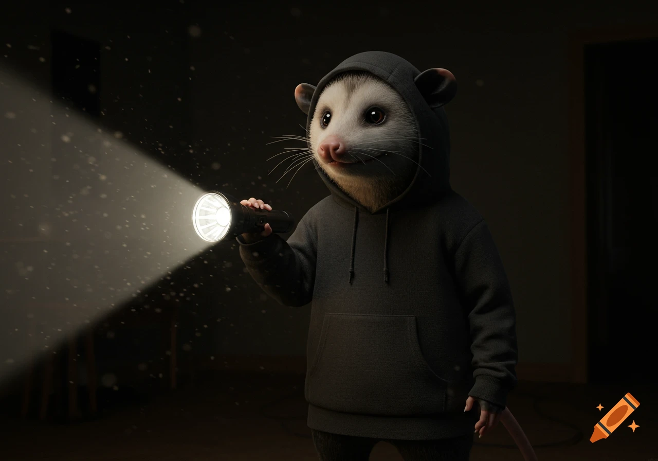 A photorealistic anthropomorphic opossum in a dark hoodie holds a bright flashlight in a dimly lit room.