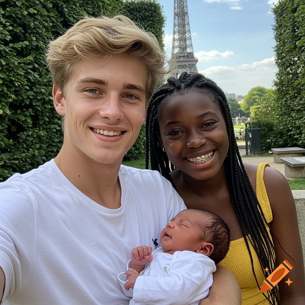 A young blonde man holds a newborn baby, next to a smiling Black woman with braces, all posing for a selfie in front of the Eiffel Tower.