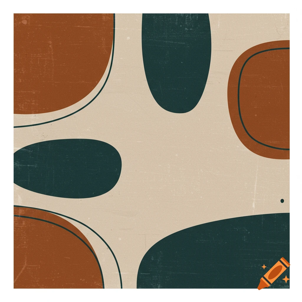Abstract mid-century modern painting with organic shapes in rust, dark teal, and beige on a textured background.
