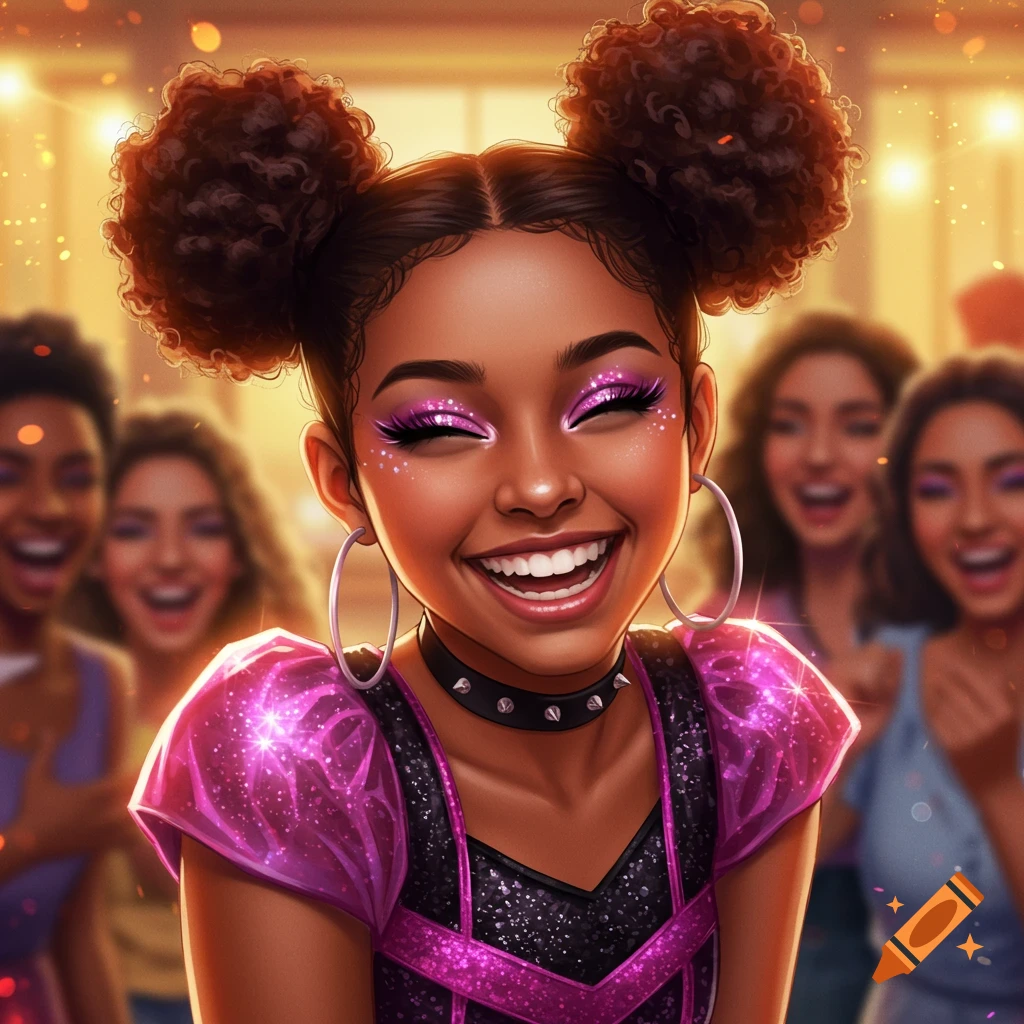Smiling animated dark-skinned girl with Afro buns and pink eyeshadow in a sparkly dress, laughing with friends.