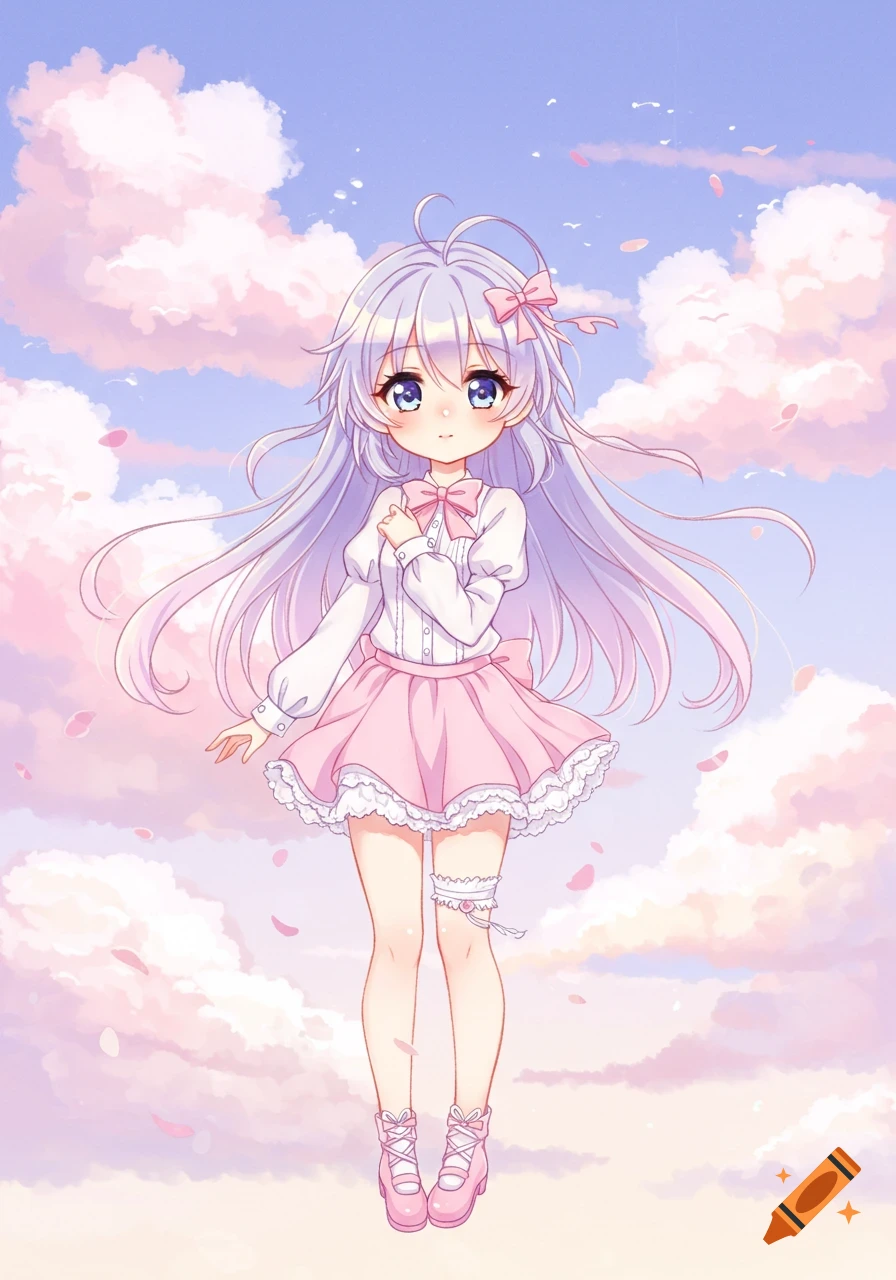Anime girl with long purple hair, blue eyes, white blouse, and pink ruffled skirt, floating in a pastel sky with clouds and petals.