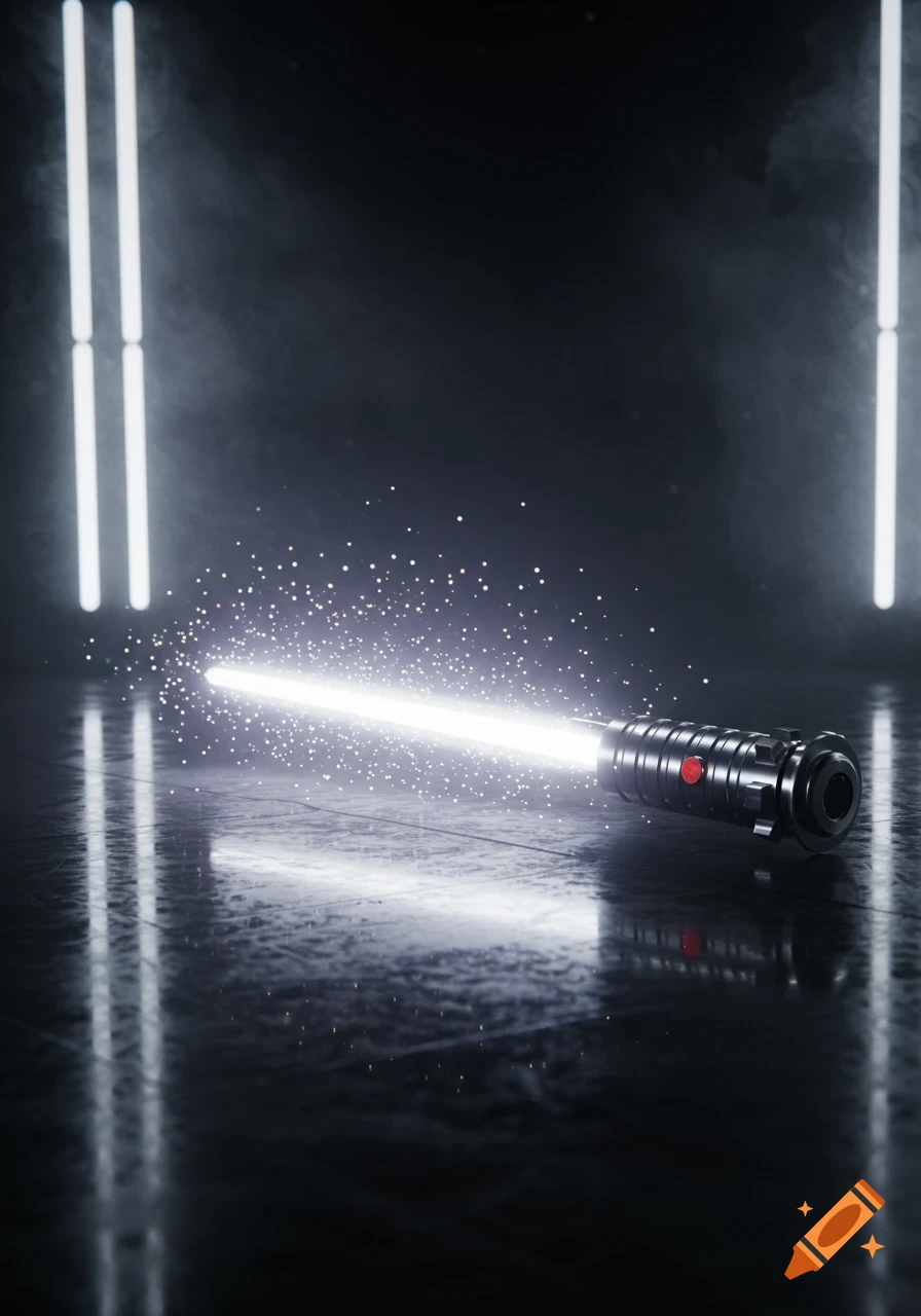 A glowing white lightsaber with sparkling glitter lies on a reflective dark floor in a smoky room with vertical lights.