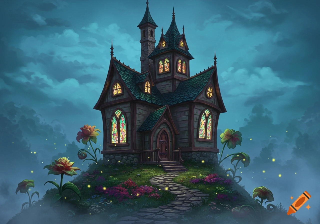 A whimsical fantasy house with glowing stained glass windows on a hill, surrounded by large colorful flowers and fireflies at night.