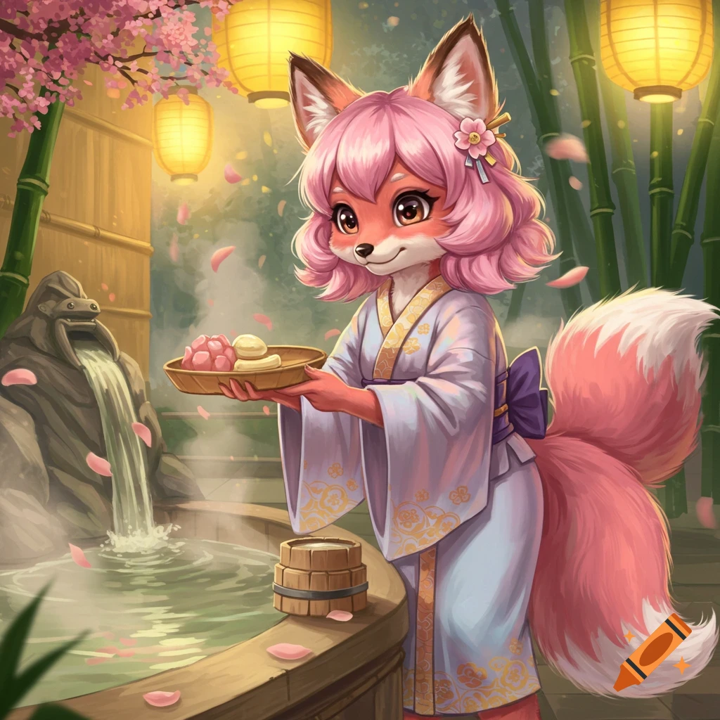 An anime-style pink fox girl in a kimono holds a tray of snacks at a Japanese bathhouse with cherry blossoms and lanterns.