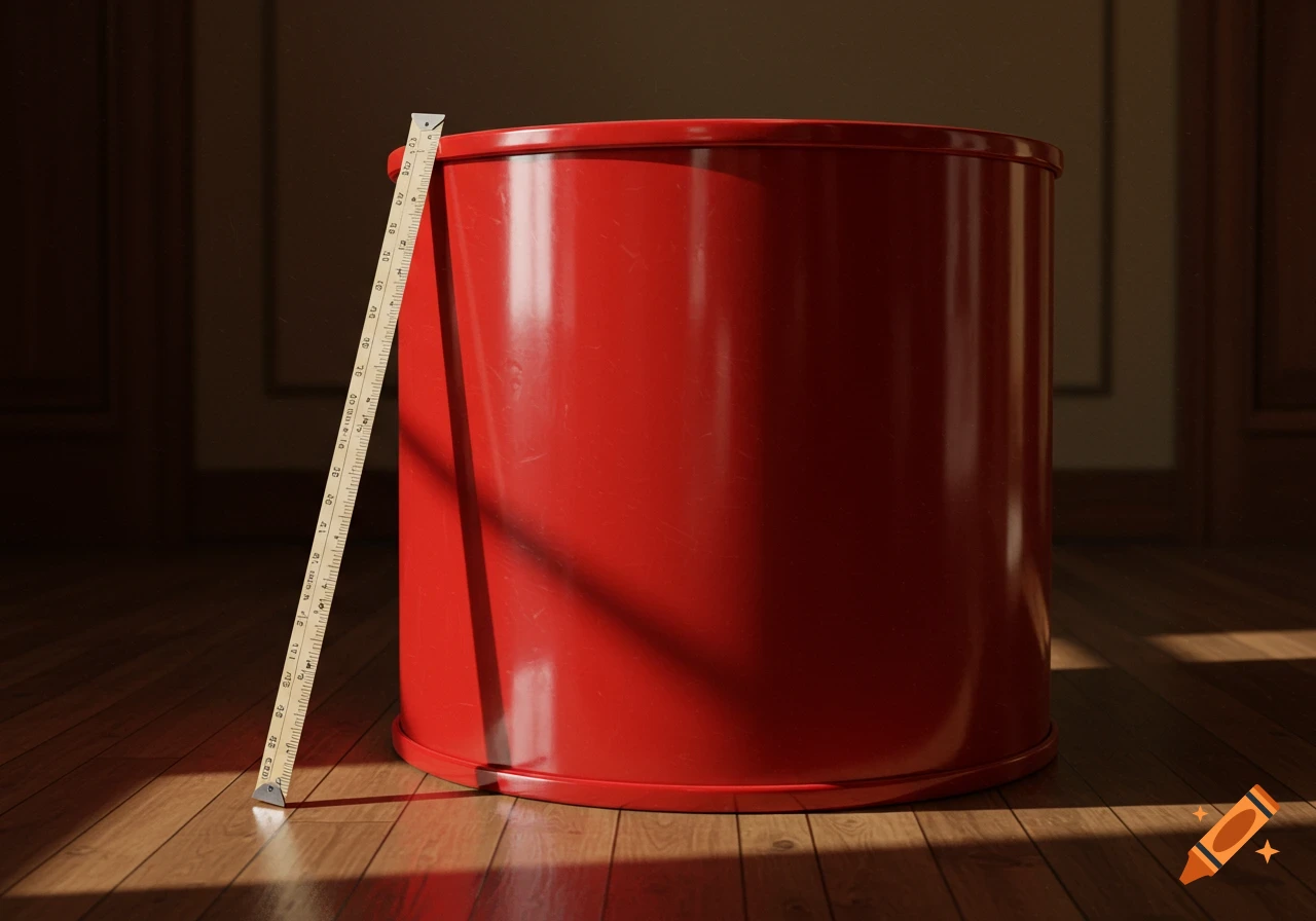 A red cylindrical drum stands on a wooden floor with a yardstick leaning against it. Sunlight casts strong shadows.