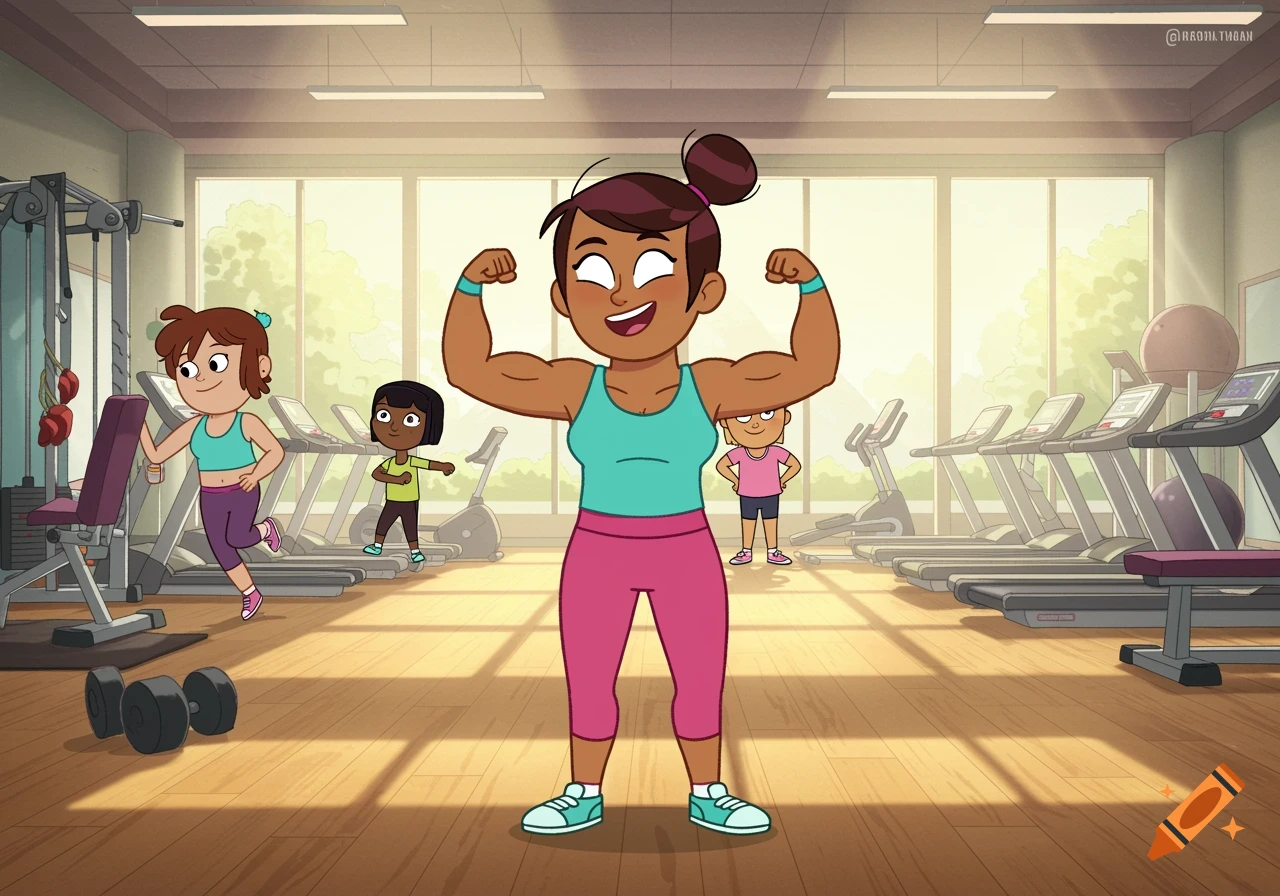 A cartoon of a woman flexing her muscles in a gym, with other people exercising in the background.