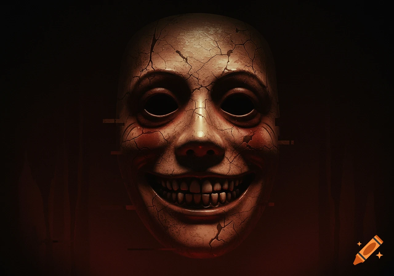 A cracked, unsettling humanoid mask with dark empty eyes and a wide, toothed smile, surrounded by subtle analog horror glitches in a dark setting.