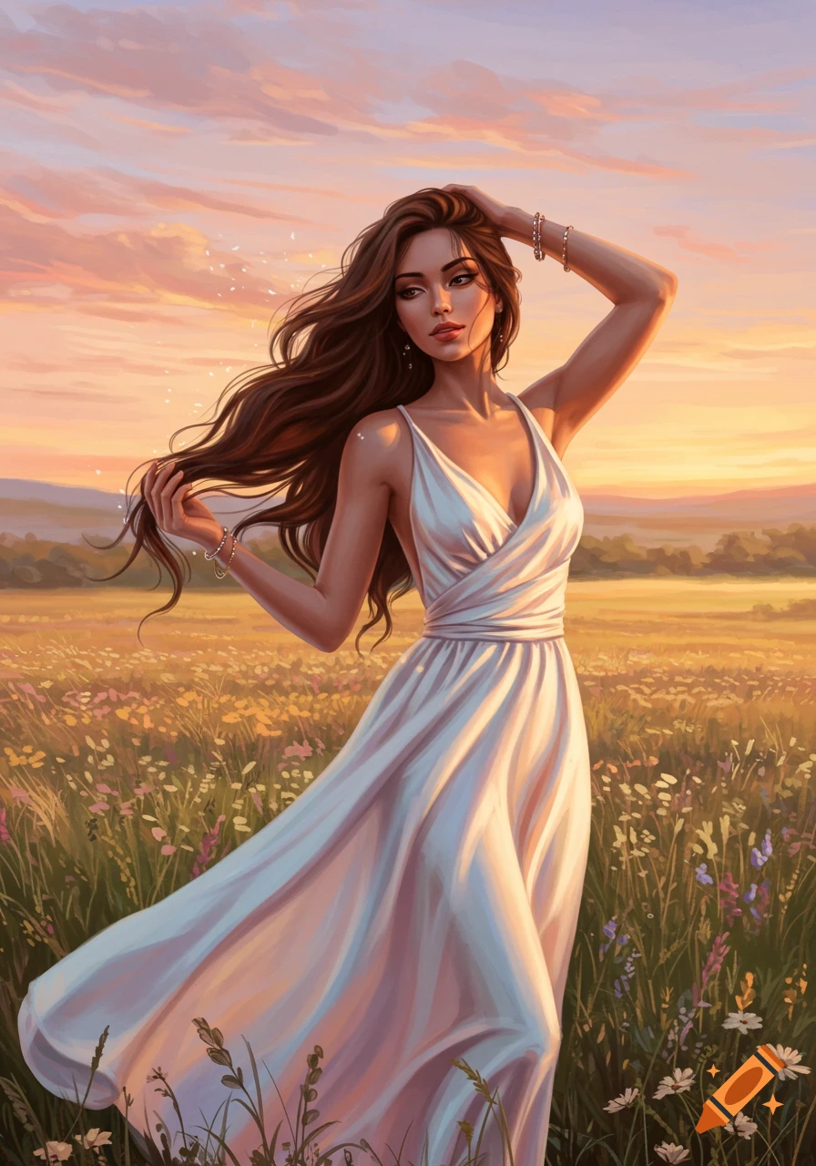 Digital painting of a woman in a white dress standing in a wildflower field at sunset, hand in her flowing hair.