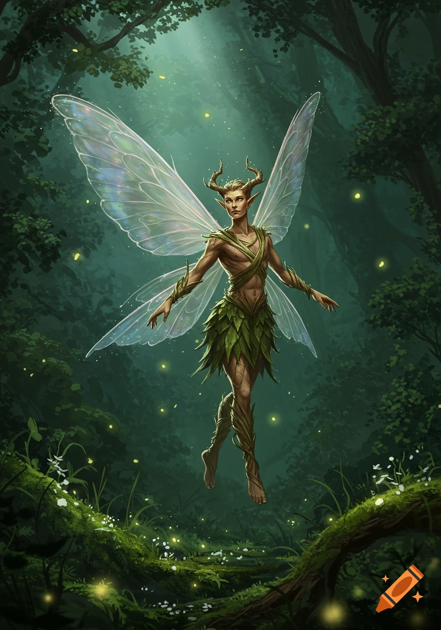 A male fairy druid with antlers and translucent wings floats in a magical, sun-dappled forest.