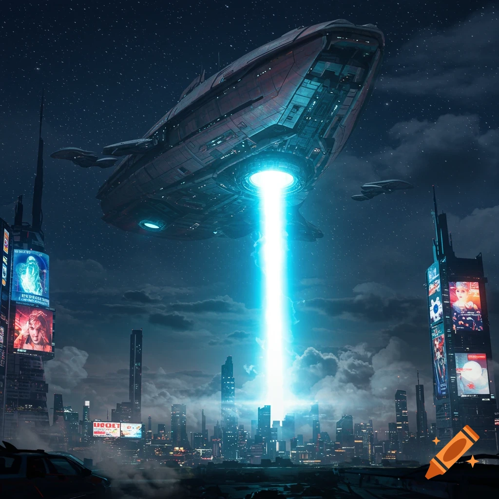 A massive alien spaceship hovers over a futuristic city at night, emitting a bright blue tractor beam downwards.