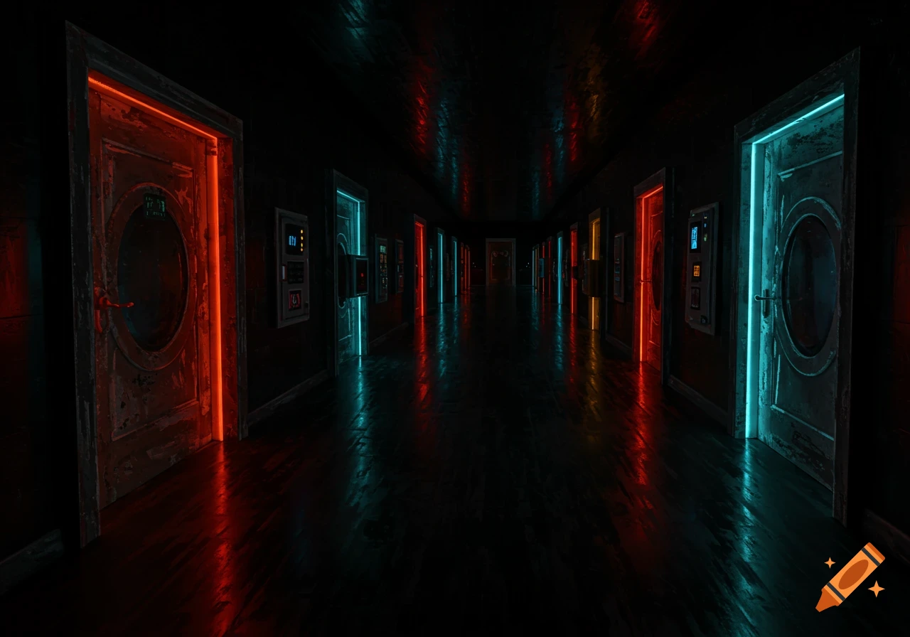 A dark, moody hallway with multiple doors outlined in glowing neon lights, reflecting on the floor.