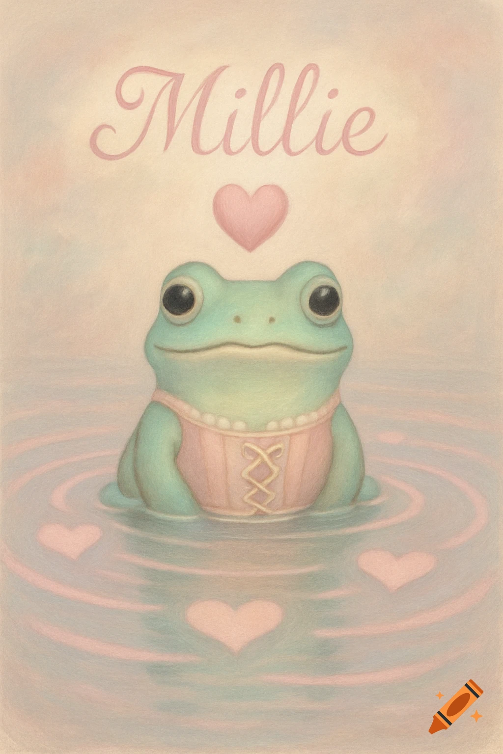 A cute pastel light green frog wearing a pink corset in water with floating hearts, and the name Millie above it.