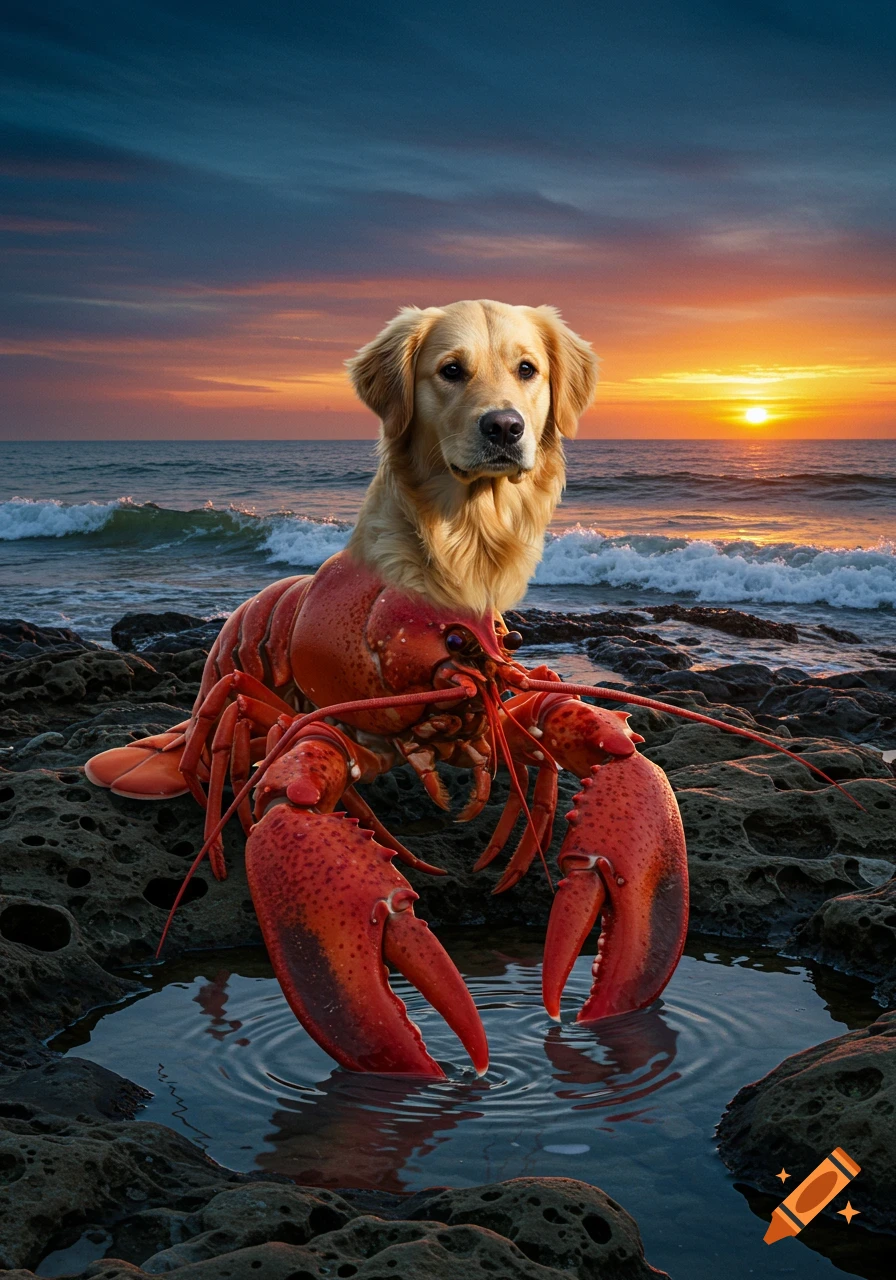 A photorealistic image of a golden retriever dog's head on a lobster's body, sitting on rocks by the ocean at sunset.