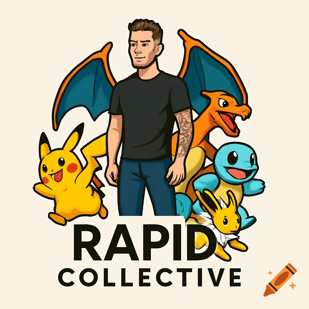Cartoon logo featuring a man with a tattooed arm, standing among Pikachu, Charizard, Squirtle, and Jolteon, above the text 'RAPID COLLECTIVE'.