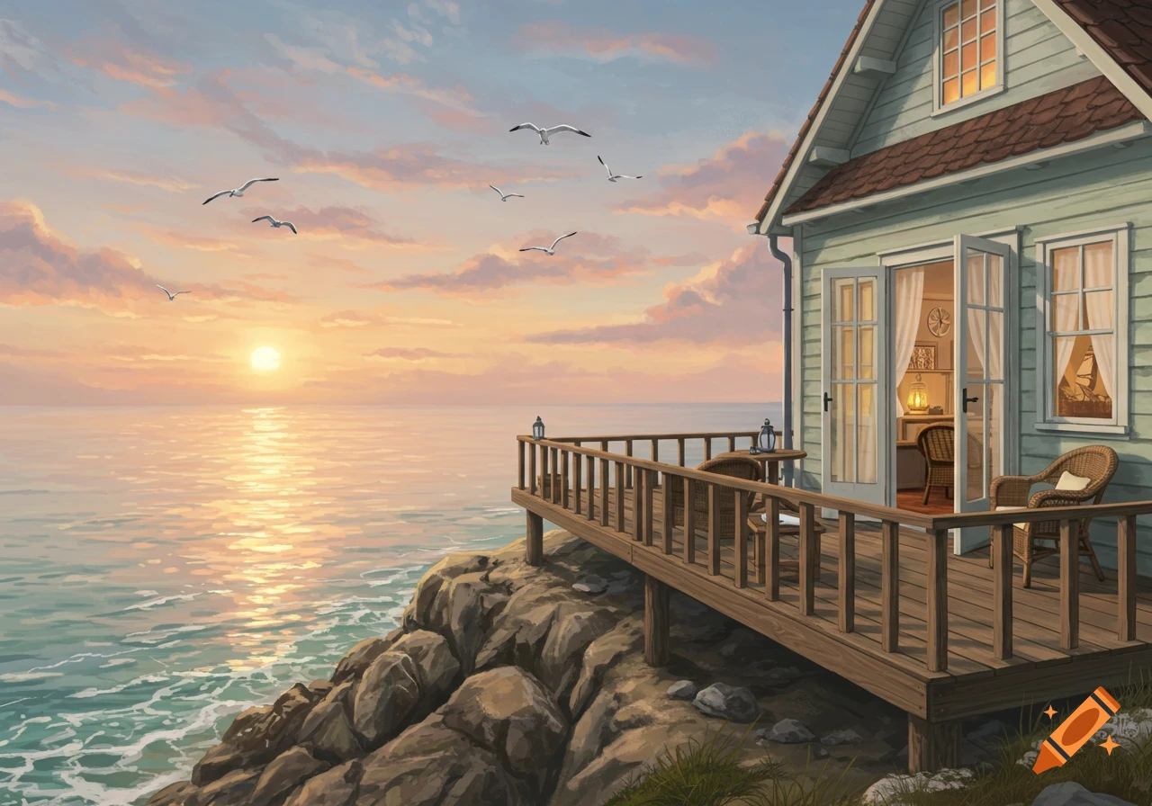 A cozy house with a wooden deck overlooking the ocean at sunset, with seagulls flying in the sky, in a digital painting style.