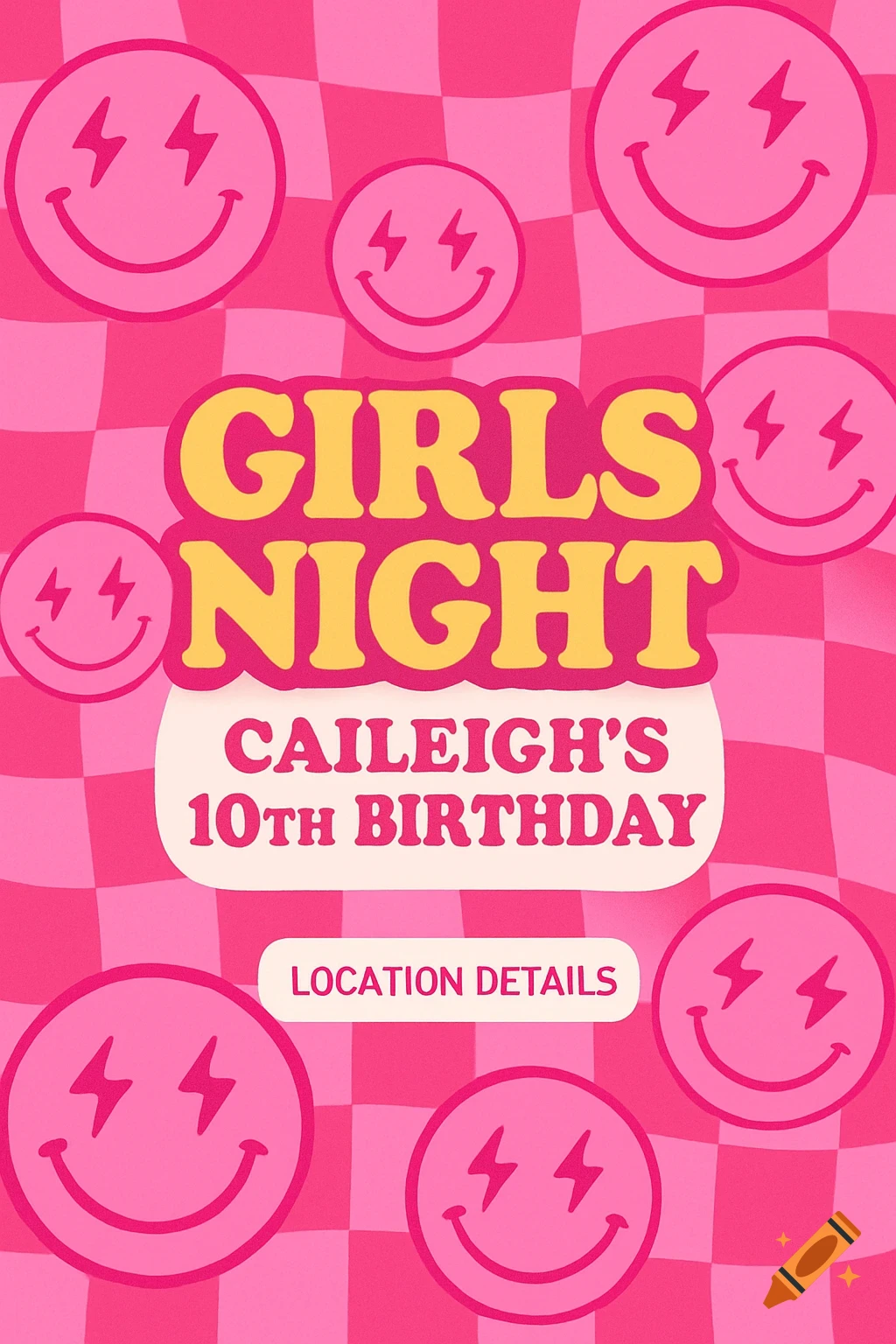 Hot pink checkered birthday invitation for a girls night, featuring pink smiley faces with lightning bolt eyes and text for Caileigh's 10th birthday.