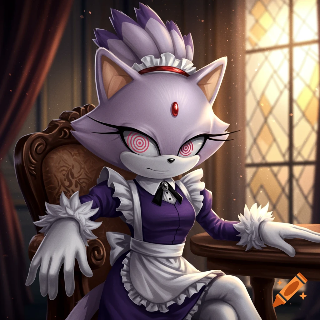 Blaze the Cat, a purple anthropomorphic cat, in a maid outfit with spiral hypnotized eyes, sitting in an ornate chair.