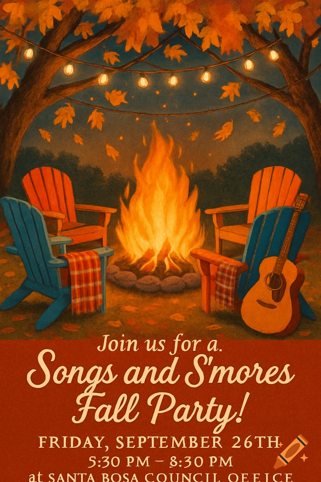 An illustrated fall party flyer showing a campfire, Adirondack chairs, string lights, and autumn leaves, with event details.