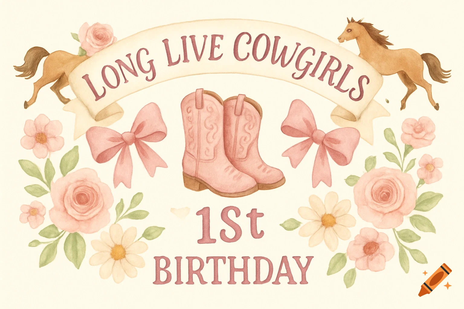 Watercolor birthday banner with "LONG LIVE COWGIRLS" and "1St BIRTHDAY" text, horses, pink cowgirl boots, bows, and flowers.