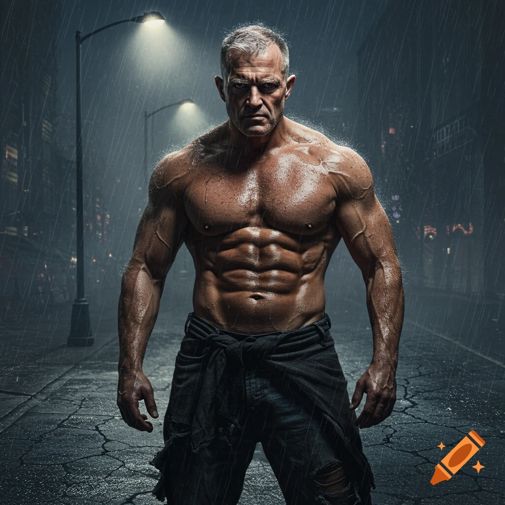 A strong, shirtless man with gray hair and a buzz cut stands in the rain on a dark city street at night, photorealistic.