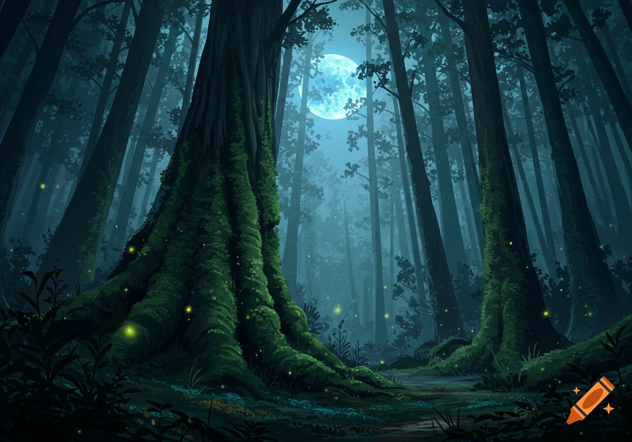 A fantasy illustration of a mystical moonlit forest at night, with mossy trees and glowing fireflies.