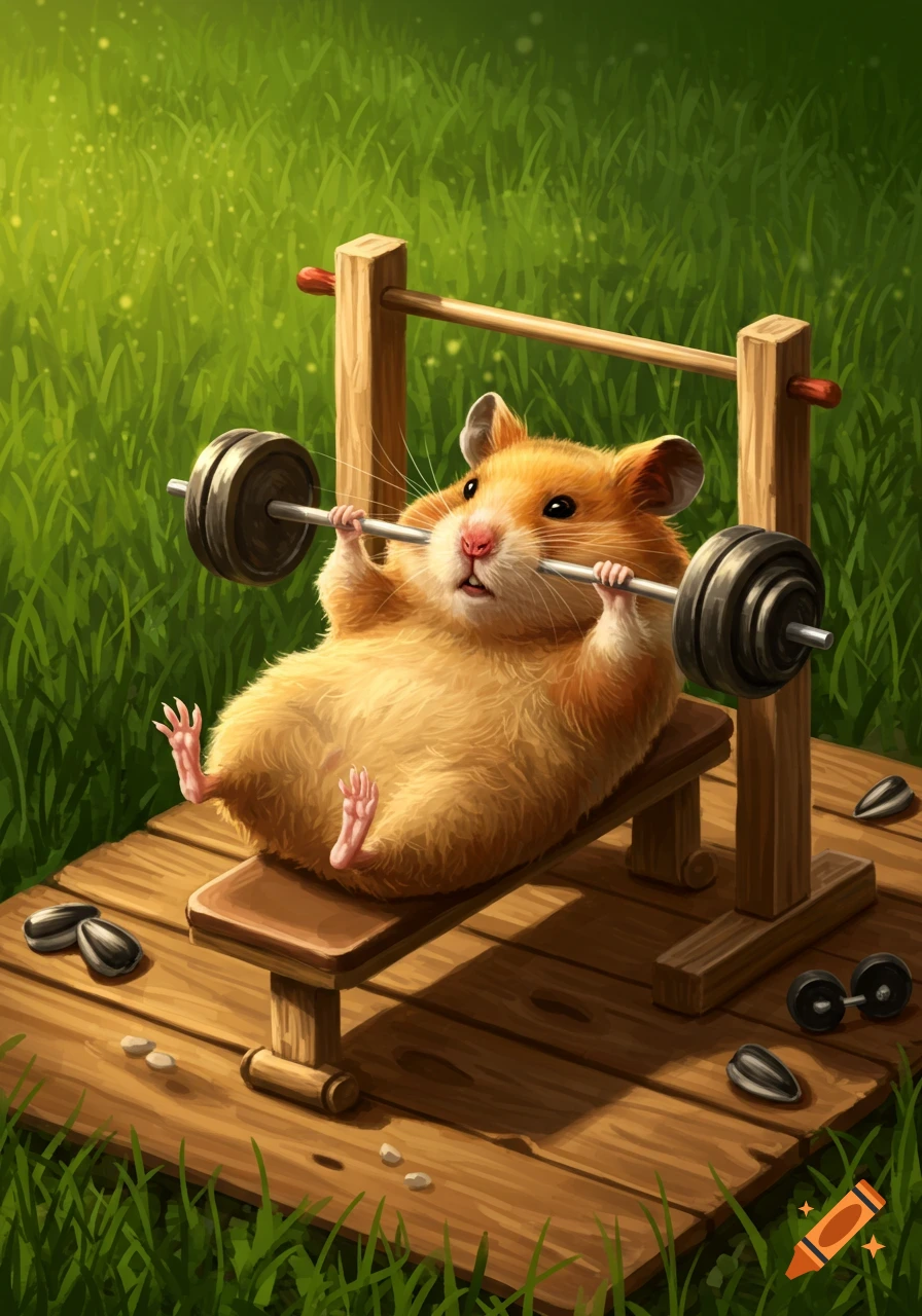A fluffy golden hamster lies on a wooden bench, comically bench-pressing a miniature barbell outdoors on grass with sunflower seeds.