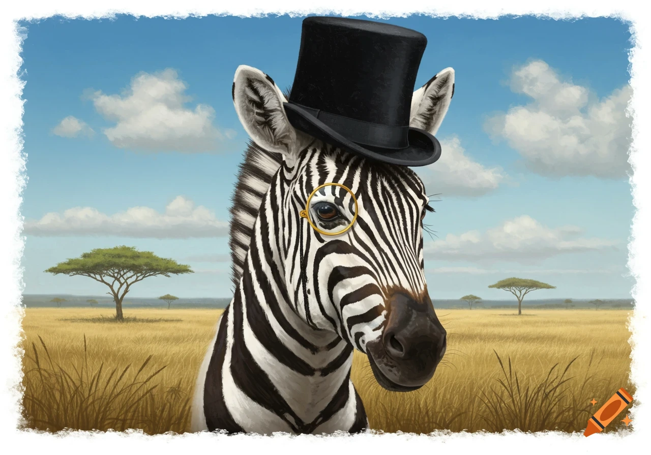 A zebra wearing a black top hat and a monocle stands in a golden savanna with acacia trees under a blue sky.