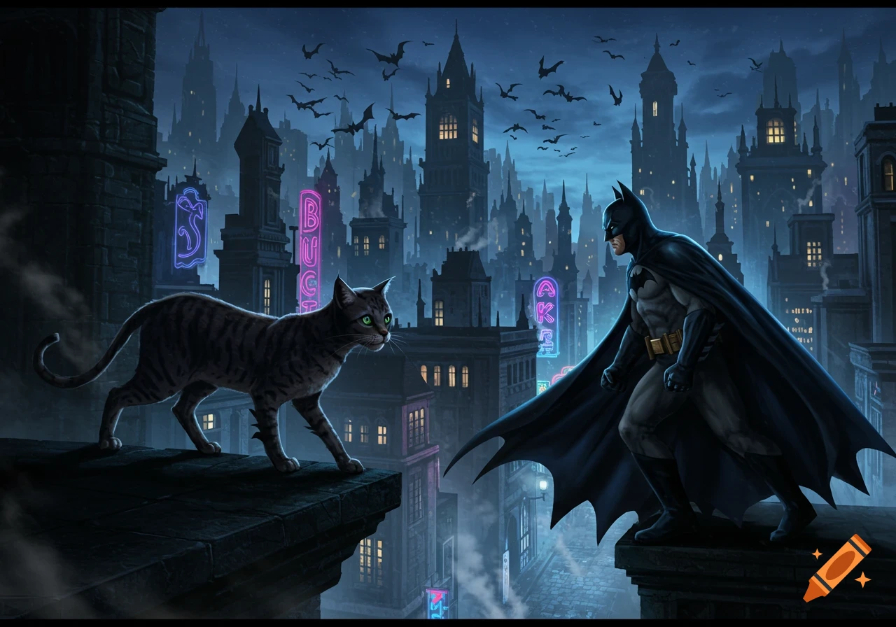 Batman and a tabby cat face off on a gothic rooftop overlooking a neon-lit city under a night sky with flying bats.
