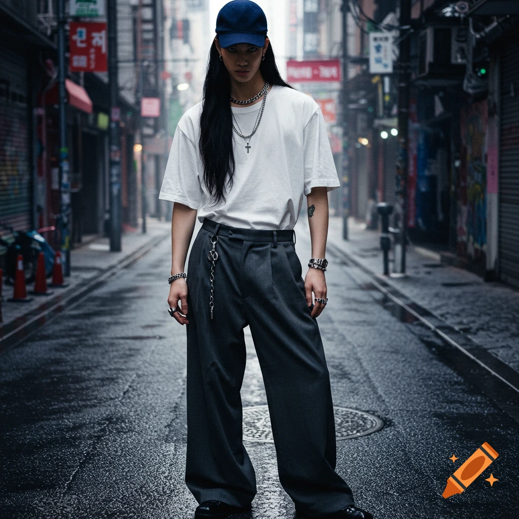 A fashionable person with long hair in a white t-shirt, wide pants, navy cap, and accessories stands on a wet urban street.