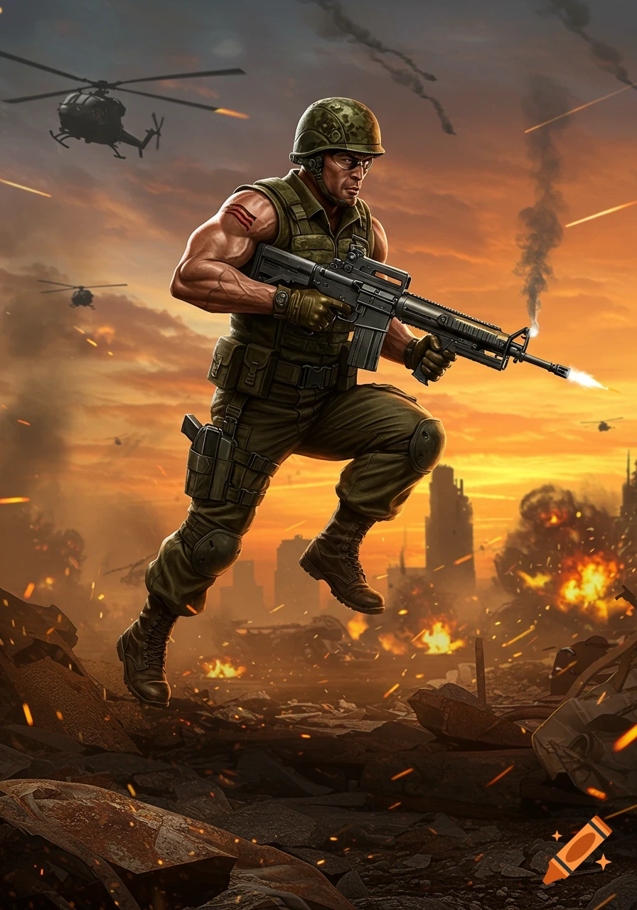 Muscular soldier running through a war zone at sunset, firing a rifle, with helicopters and explosions in the background, digital art.