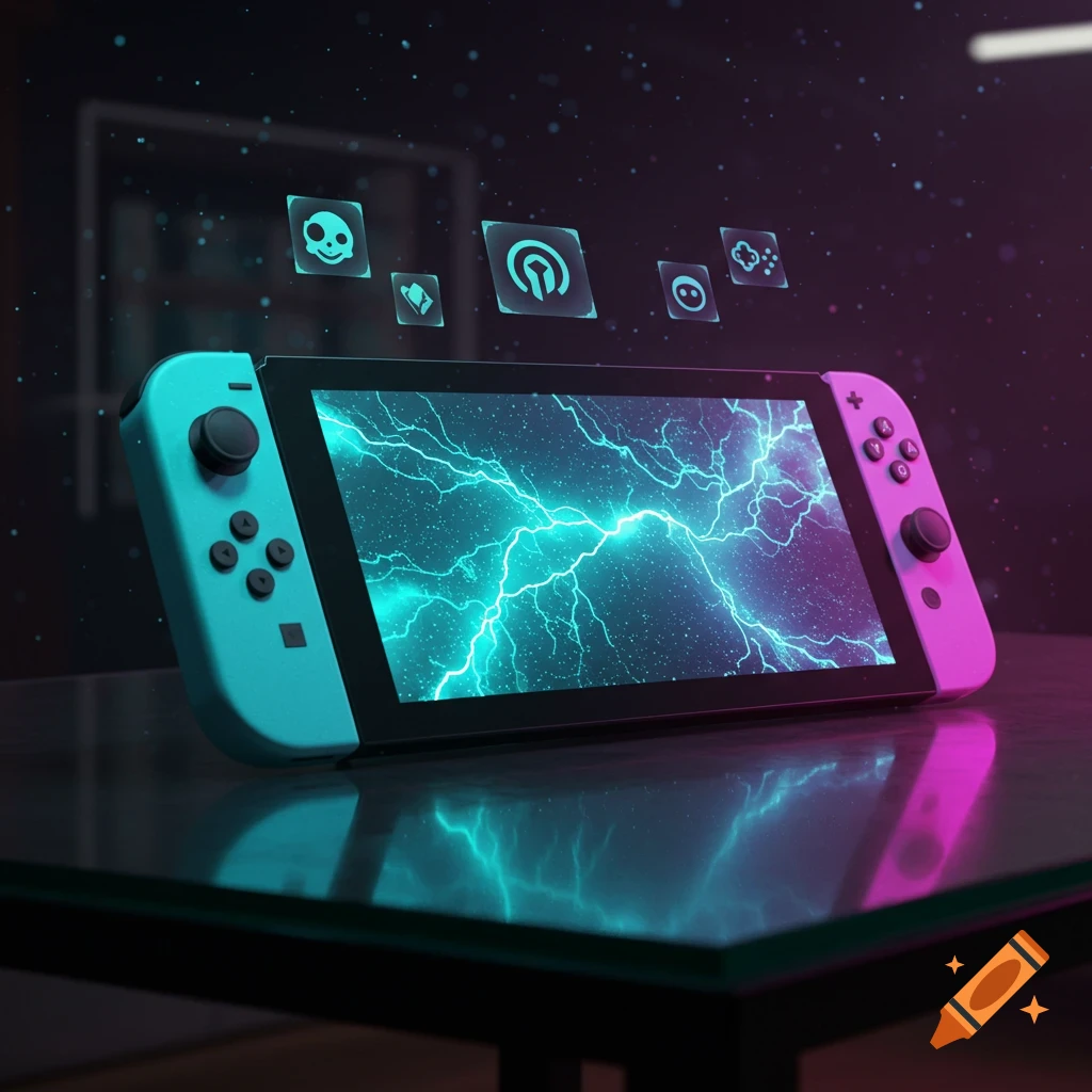 Teal and pink gaming console on a reflective table, with a lightning screen and floating neon icons in a dark, cyberpunk setting.