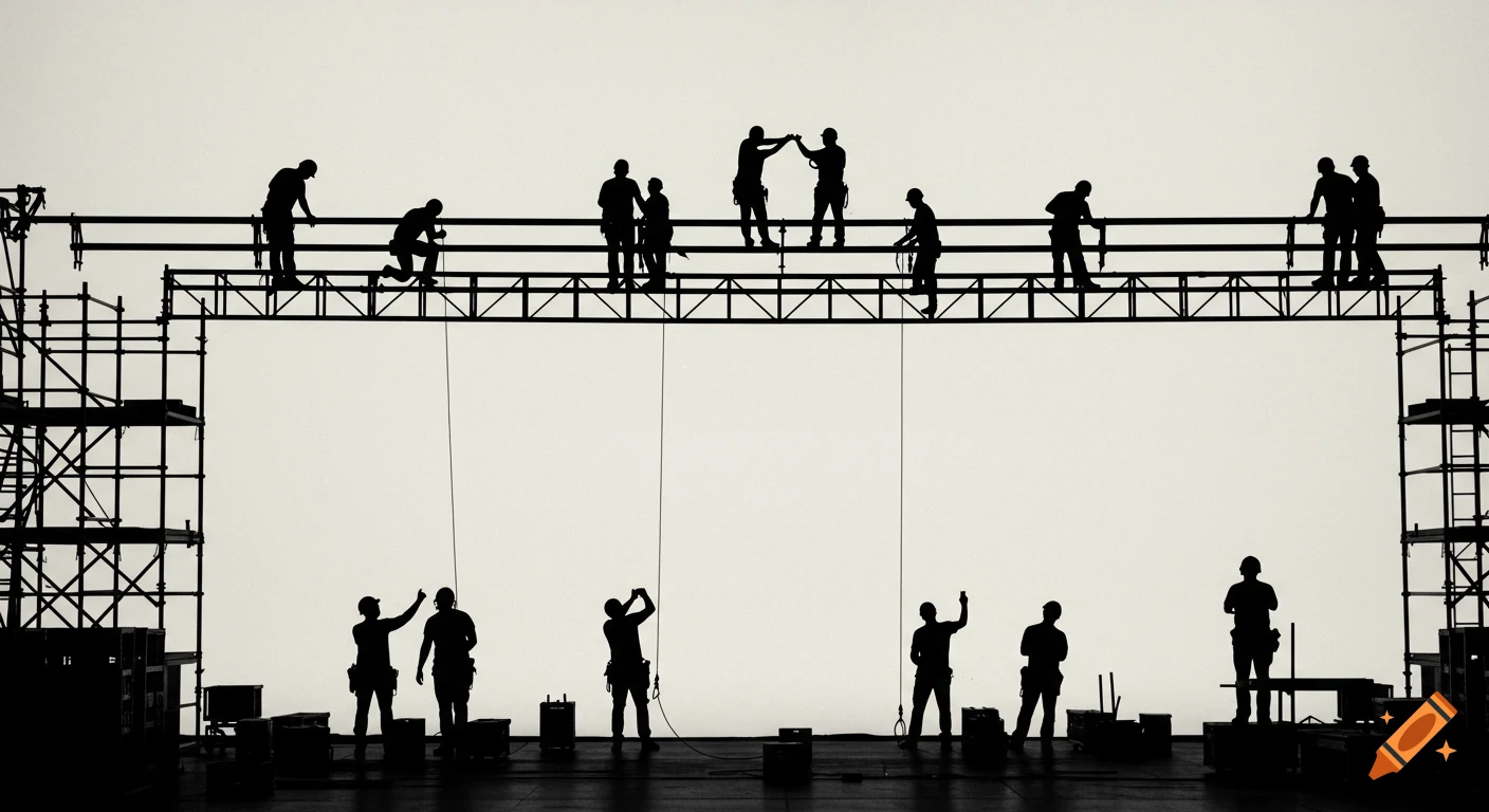 Silhouettes of workers building a stage on scaffolding against a bright background.
