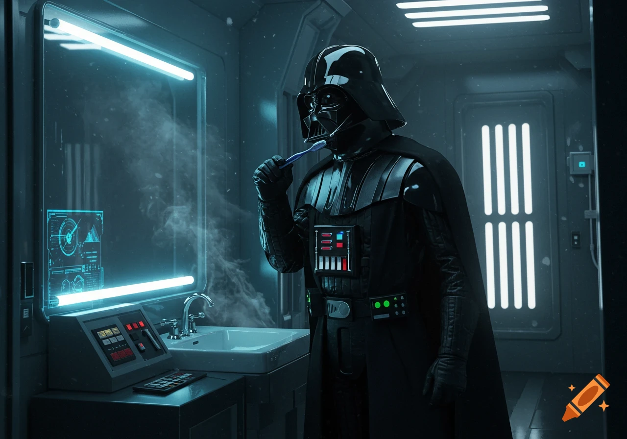Darth Vader brushing his teeth in a futuristic bathroom with glowing neon lights and a holographic display.