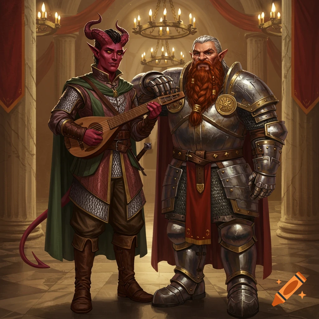 A red-skinned tiefling bard plays a lute next to a heavily armored dwarven paladin in an opulent hall.