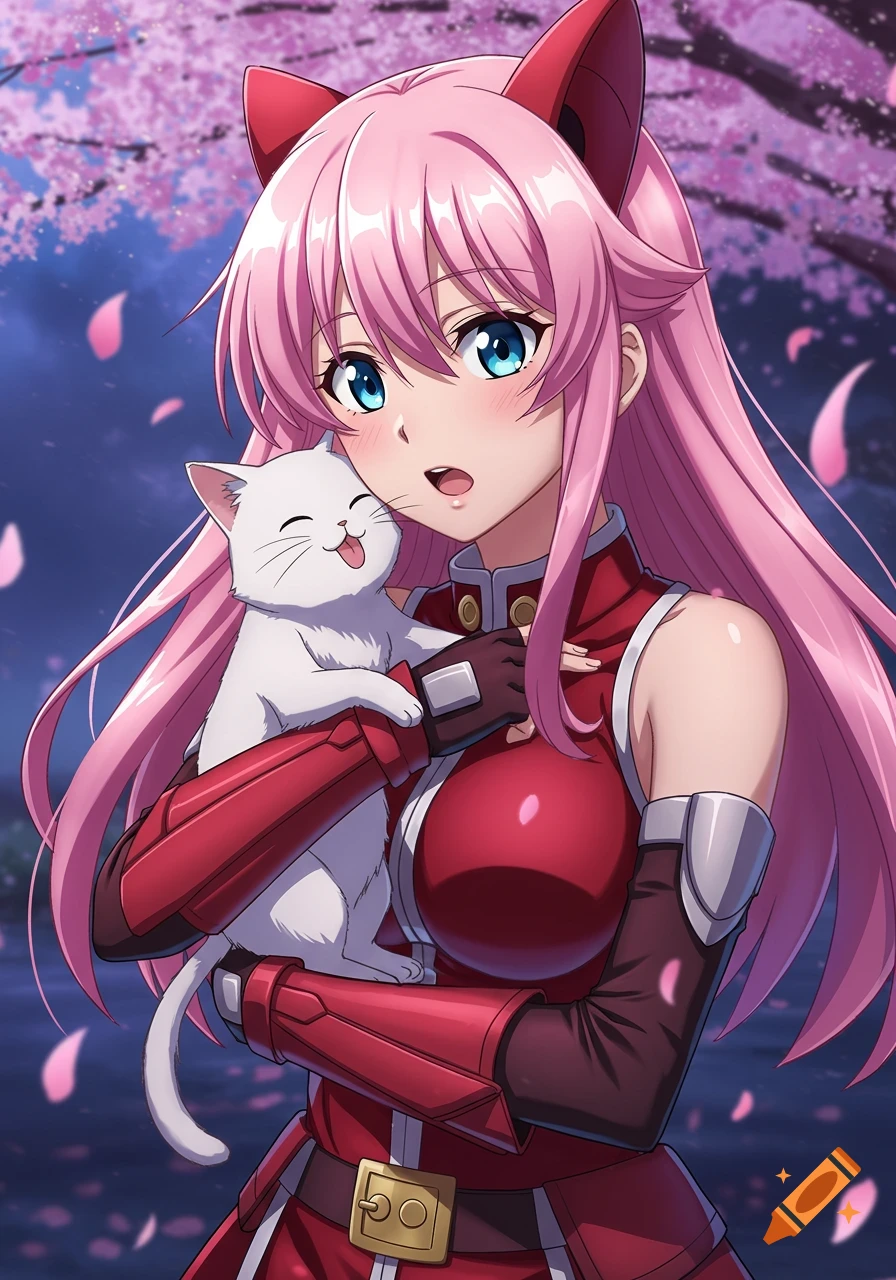 Anime girl with pink hair and cat ears holds a white cat licking her face, under cherry blossom trees at night.