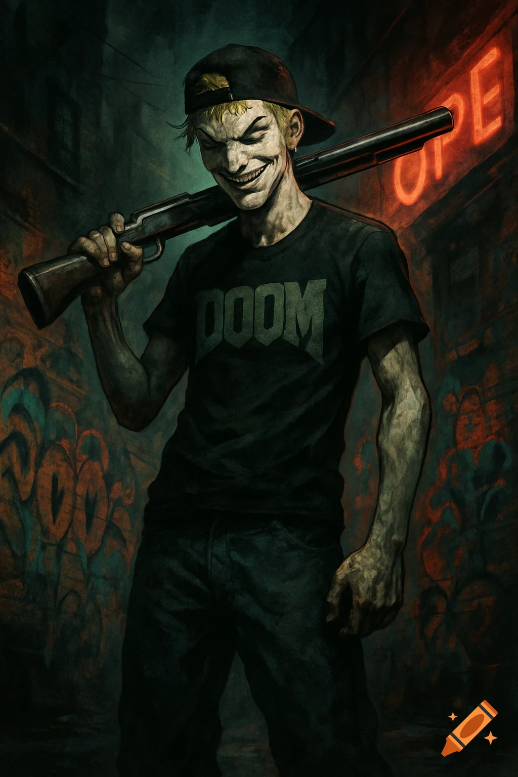 A grinning man with short blond hair and a backward cap holds a shotgun over his shoulder, wearing a "DOOM" t-shirt in a dark, graffiti-covered alley with a neon "OPEN" sign.