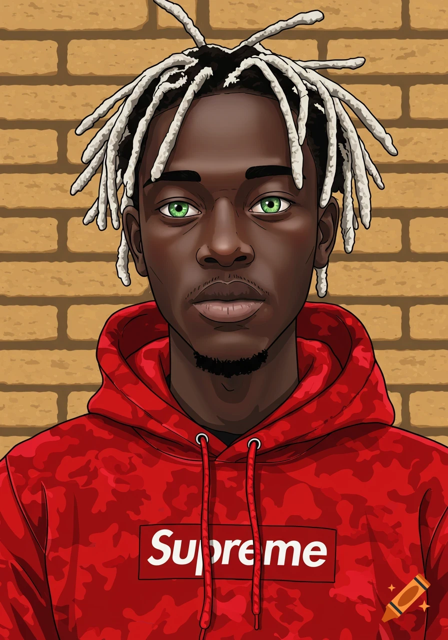 Cartoon portrait of a dark-skinned man with white dreadlocks and green eyes, wearing a red camo Supreme hoodie against a brick wall.