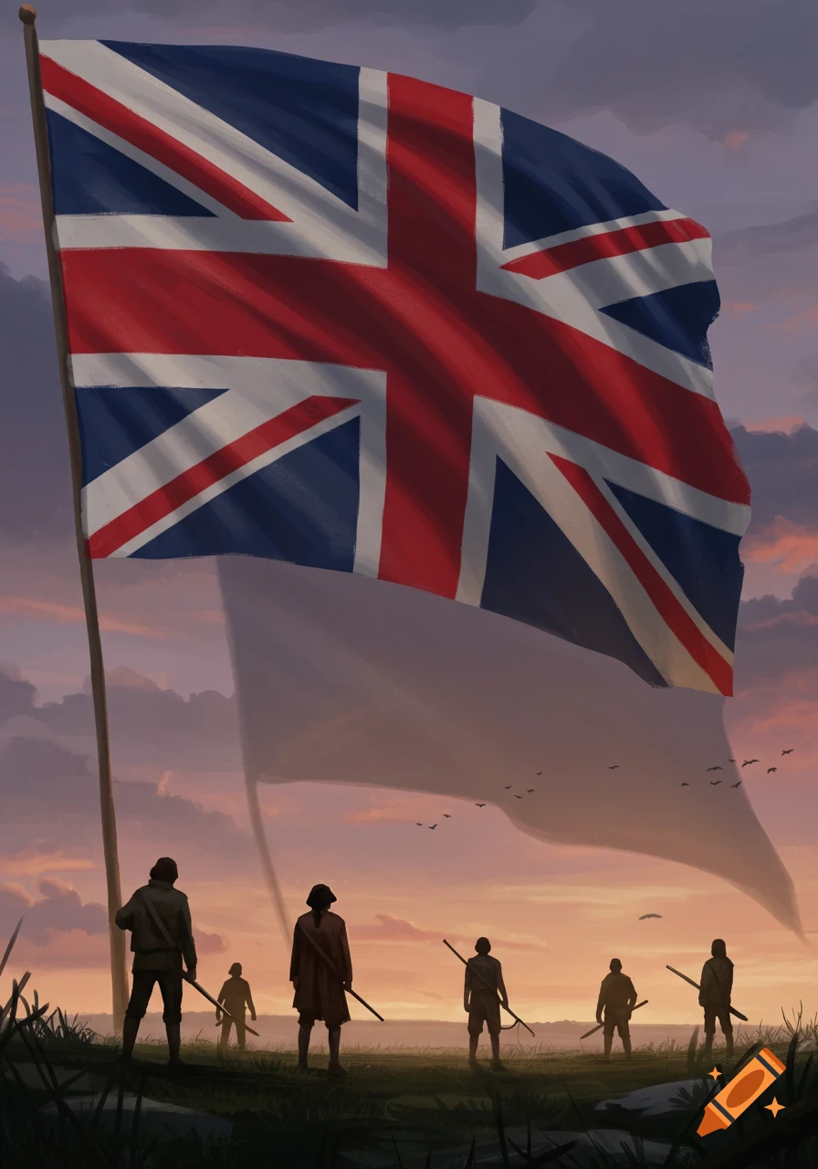 Giant Union Jack flag looms over silhouetted colonists with spears at a dramatic sunset, symbolizing the British Empire.