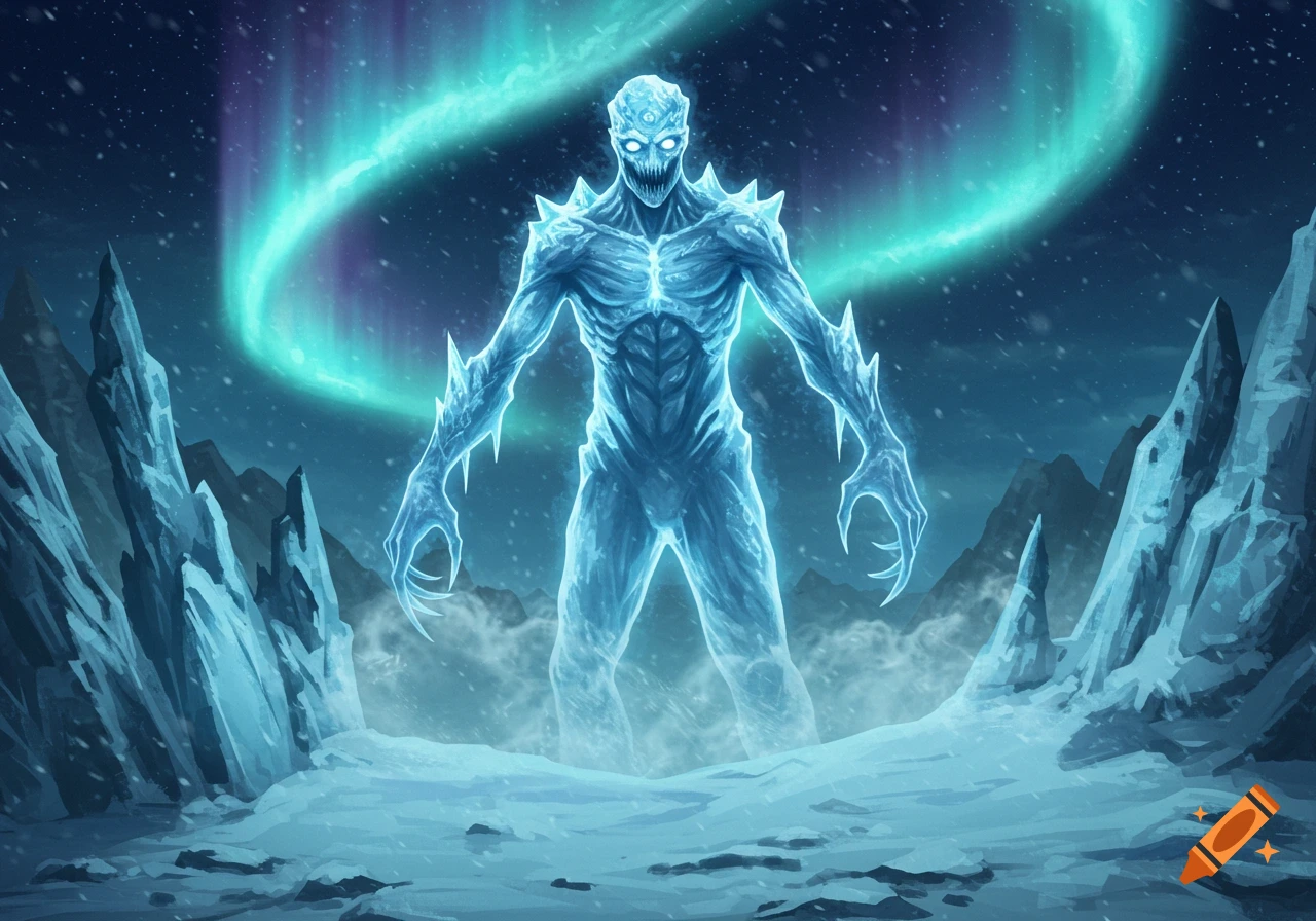 An imposing, glowing icy monster with sharp claws stands in a frozen landscape under a vibrant blue-green aurora borealis.
