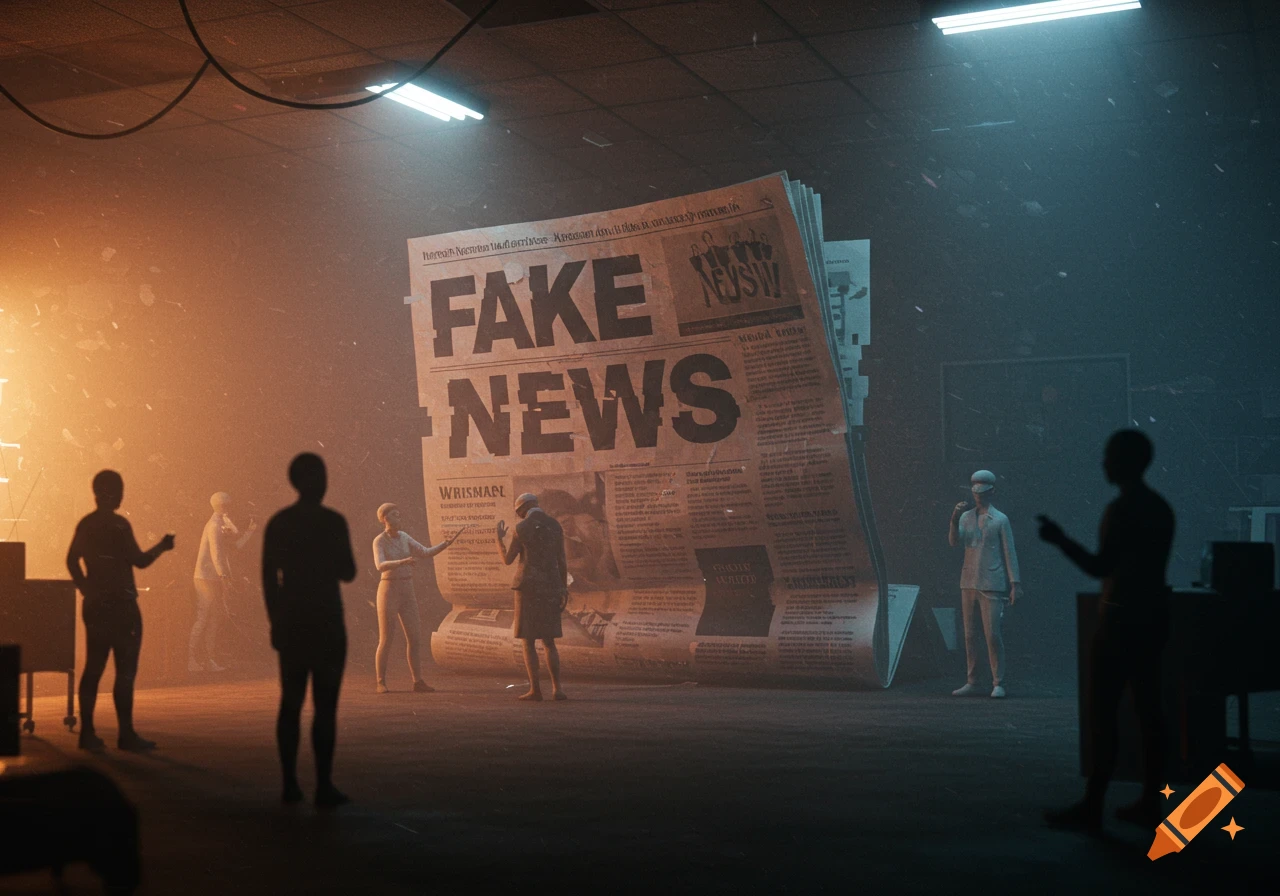 A dimly lit room with several people looking at a giant newspaper prominently displaying 'FAKE NEWS' in a dramatic, conceptual style.