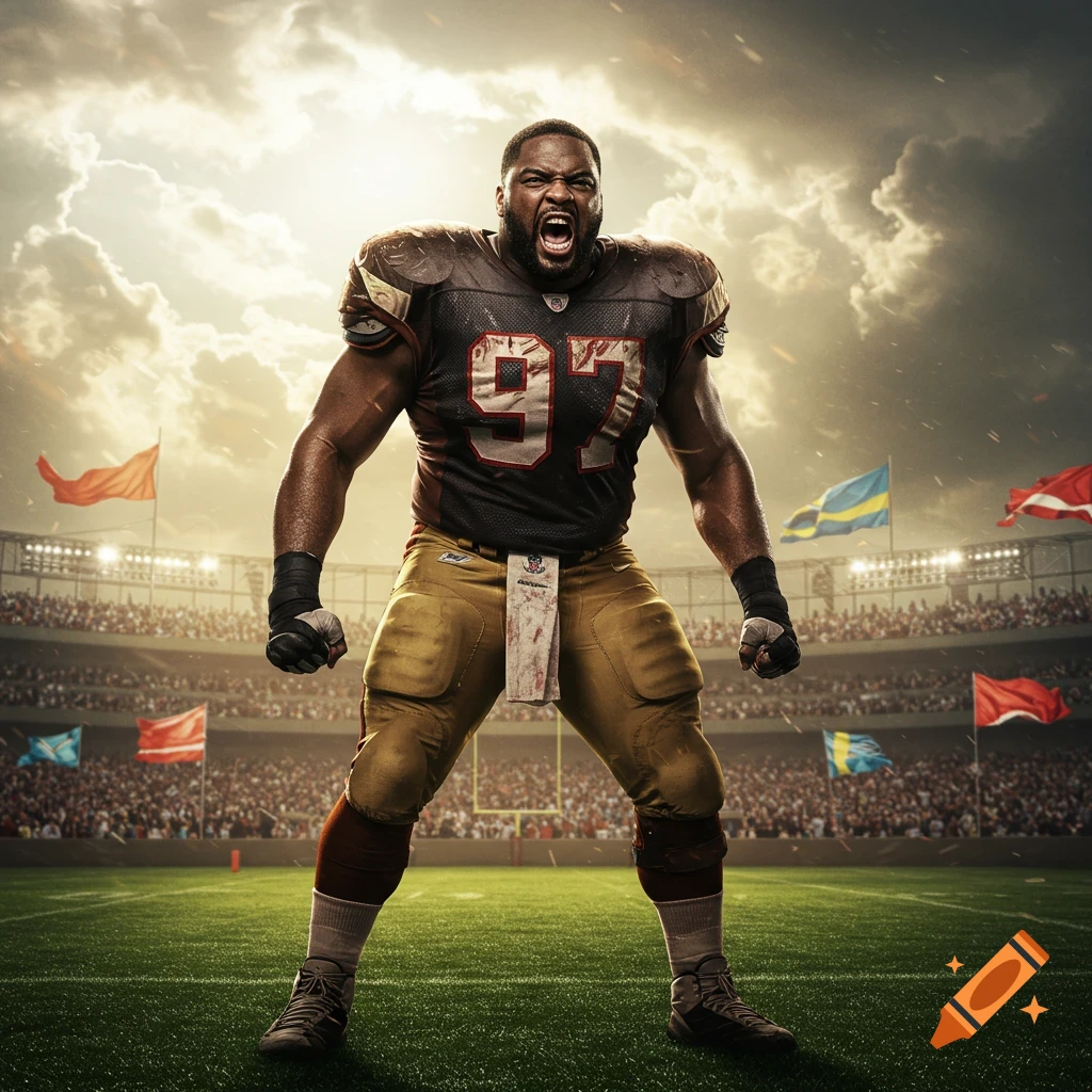 A powerful NFL football player wearing jersey number 97 roars intensely on a green field in a crowded stadium under a dramatic sky.