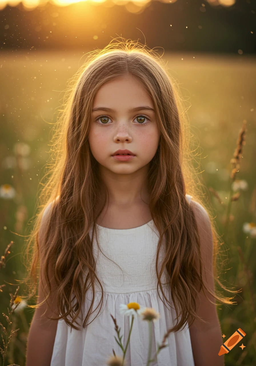A photorealistic portrait of a young girl with long brown hair and green eyes, wearing a white dress, standing in a sunny field of flowers during golden hour.