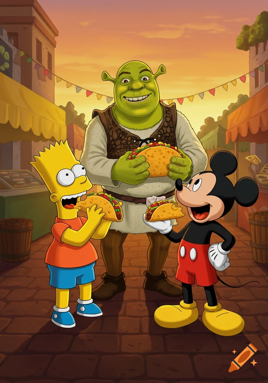 Bart Simpson, Shrek, and Mickey Mouse happily eat tacos at an outdoor market during sunset in a vibrant cartoon style.
