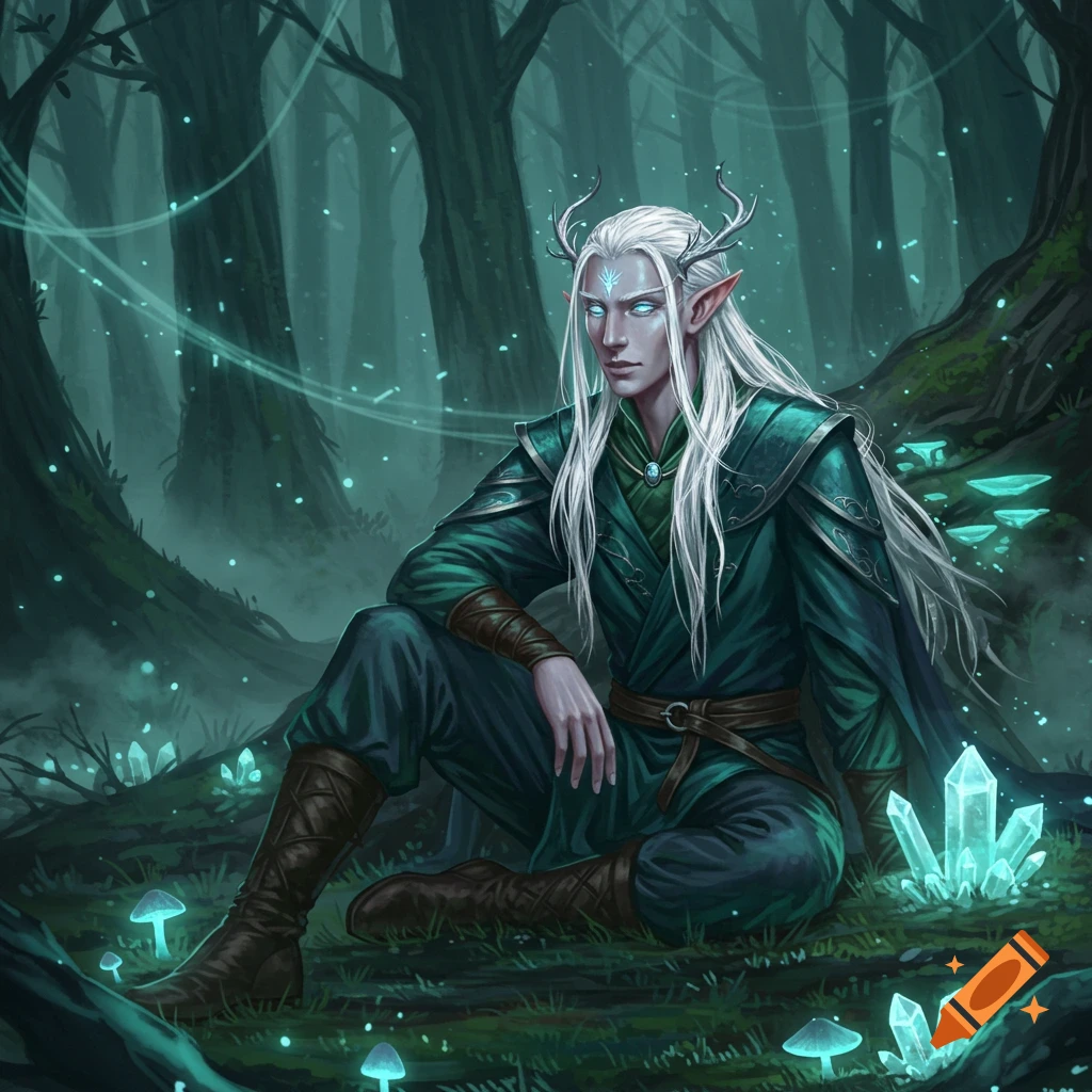 Androgynous elf with long white hair and horns, sitting in a dark, mystical forest with glowing mushrooms and crystals.