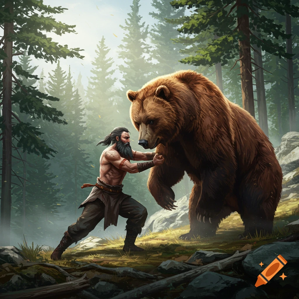 A grizzled man with a beard struggles in a wrestling match with a huge brown bear in a forest, depicted in a fantasy art style.