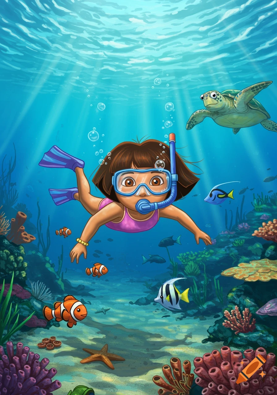 Dora the Explorer snorkeling underwater in a vibrant coral reef with fish and a sea turtle.